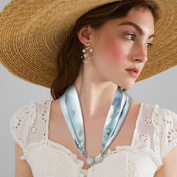 Women Silk Scarf Necklace Magnetic Buckle With Rhinestone Small Neckerchief Clav - Picture 2 of 9